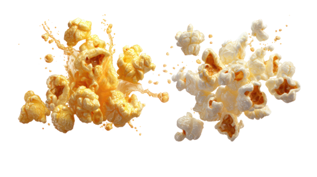 Two clusters of popcorn exploding in mid air isolated on transparent background