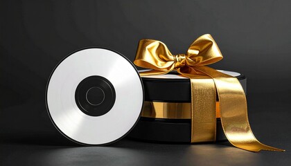 A CD wrapped with a golden bow gleams in rainbow hues, merging tech with celebration.