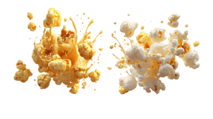 Exploding popcorn kernels with splashes of butter and salt isolated on transparent background