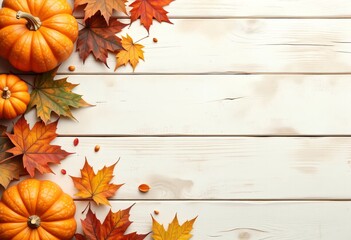 light wooden background with pumpkin and autumn leaves