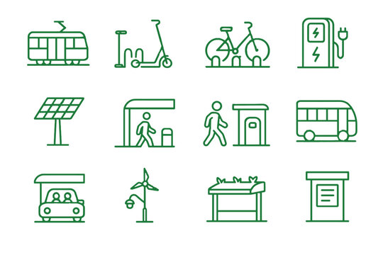 Vector pedestrian lamp icon hydrogen bicycle scooter tram solar mobility green carpool