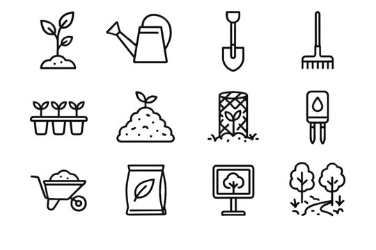 Moisture tray shovel rake ecological wheelbarrow sensor icons forest icon restoration vector