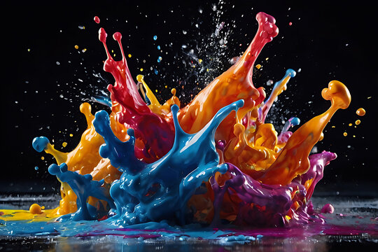 Abstract Colorful Paint Splashes on Dark Background