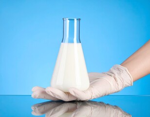 Milk sample in Lab Flask: A pristine flask holds a sample of fresh, milky liquid, expertly cradled in a gloved hand.