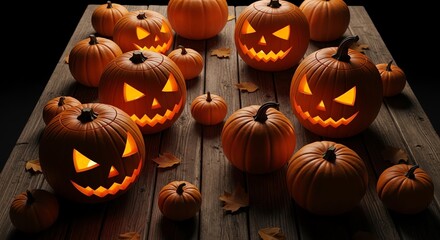 Carved pumpkins with glowing faces on wooden table