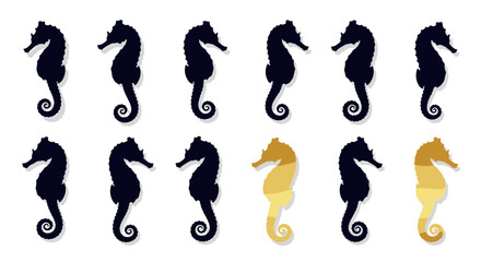 Naklejka premium Elegant Seahorse Silhouettes Floating on White Backdrop: Nautical Charm Illustrations for Marine Biology, Ocean Conservation, Coastal Designs, Children's Education, Underwater Themes, Tropical Decor,