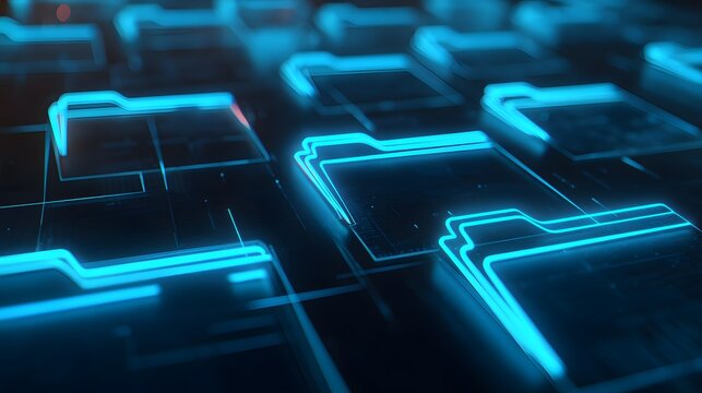 Rows of glowing blue digital folder icons suggest data organization and cybersecurity in a dark technological environment
