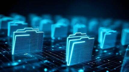 Numerous glowing digital representations of file folders are arranged across a dark, futuristic circuit board surface