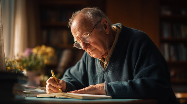 Elderly man writing notes at desk in cozy indoor setting  