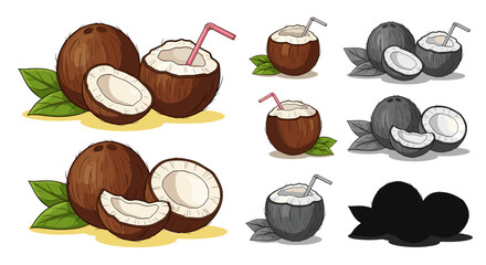 Coconuts Illustrations Collection: Tropical Fruit Assortment for Healthy Lifestyle Marketing, Exotic Summer Vacation Designs, Beverages Advertisements, Nutrition Education, Restaurant Menus, Fresh Org