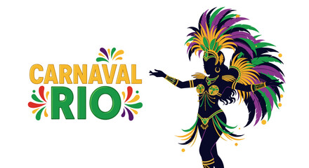 Carnaval Dancer Silhouette Displaying Vibrant Costume and Feathers for Rio Festival Celebration, Showcasing Brazilian Culture, Tradition, and Entertainment for Travel Promotion and Colorful Festive Ba