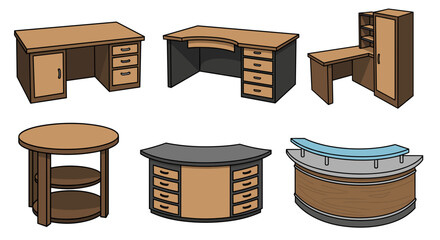Office Furniture Collection: Desks and Reception Counters for Business Interior Design, Workspace Planning, and Home Office Setup. Modern and Traditional Styles, Wood Grain Detail, Illustration for In