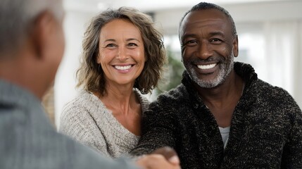 Smiling senior couple warmly shakes hands with an unseen individual in a welcoming indoor setting