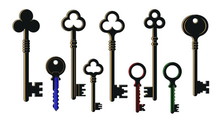 Collection of Antique Skeleton Keys Arranged on White Background for Security Concepts, Unlocking Mysteries, and Retro Designs, Ideal for Historical Themes, Vintage Illustrations, and Fantasy Storytel