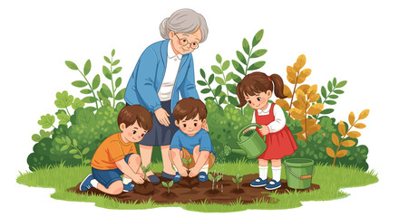 Caring Grandmother Gardening with Grandchildren in a Lush Green Garden Landscape, Teaching Children About Nature and Planting, An Illustration for Education, Family Activities, Health, Wellness, and a