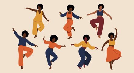 Diverse Group of Black Women Dancing with Energy and Style in Colorful Outfits on Beige Backdrop, Celebrating Movement and Joy, Perfect for Lifestyle, Fashion, Culture, Art, Advertising, and Education