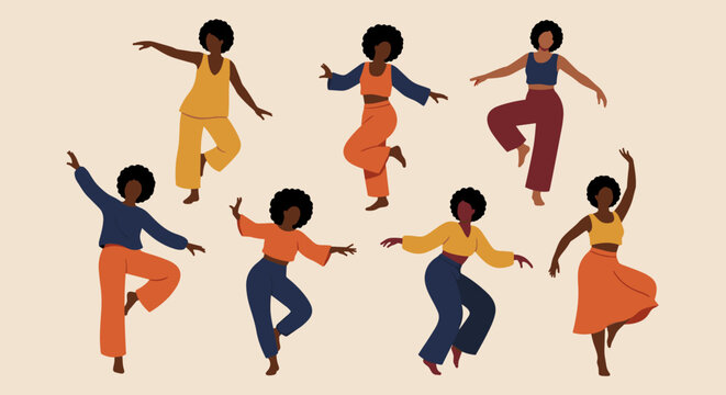 Diverse Group of Black Women Dancing with Energy and Style in Colorful Outfits on Beige Backdrop, Celebrating Movement and Joy, Perfect for Lifestyle, Fashion, Culture, Art, Advertising, and Education