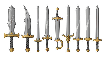 Collection of Fantasy Swords and Blades: Medieval Weaponry Set for Role-Playing Games and Historical Designs, Warrior Gear, Knight Equipment, RPG Adventures, Graphic Resource Illustration, Weaponry