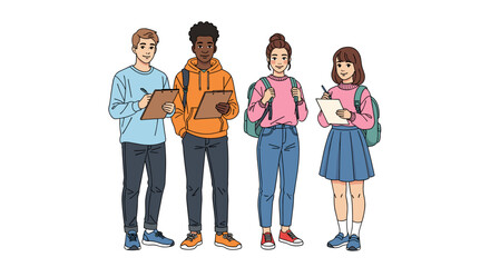 Diverse Group of Young Students Taking Notes Outdoors for School Project, Engaged in Educational Survey or Campus Event, Modern People with Backpacks Writing on Clipboards for Business Research and Da