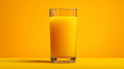 A glass filled with orange juice stands against a vibrant orange background tone