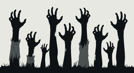 Creepy Zombie Hands Rising from the Grave in a Spooky Graveyard Scene at Night, Halloween Celebration, Horror Theme, Supernatural Fantasy, Ghastly Apparition, Undead Uprising, Vector Silhouette, Dark