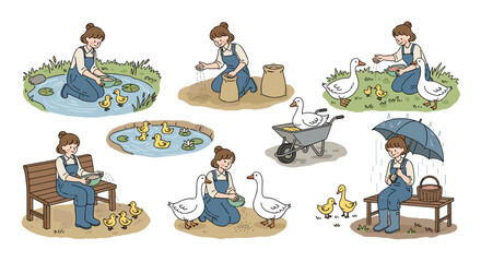 Cute Farmer Girl Cartoon Illustrations Feeding Ducks and Ducklings at a Pond in a Farmyard Setting, Gardening, Farming, Agriculture Lifestyle, Children's Book Illustration, Hand-Drawn Style, Animals,