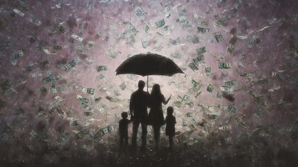 Naklejka premium A family is protected by an umbrella from a heavy rain of money symbolizing financial security and prosperity