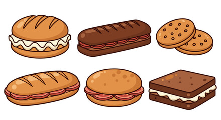 Delicious Sandwiches and Cookies: A Culinary Cartoon Assortment, Offering Diverse Breads and Fillings for Food Illustrations, Restaurant Menus, and Cookbook Designs in a Whimsical Style, Perfect for R