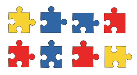Naklejka premium Colorful Puzzle Pieces Arranged on White Backdrop: Symbolizing Autism Awareness, Community, Support and Diversity, Representing Problem Solving, Teamwork, Unity, and Interconnectedness in Education, H