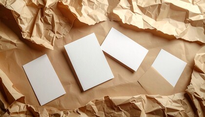 Two blank white sheets rest on crumpled brown paper, contrasting smoothness with organic texture.