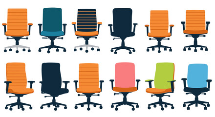 Colorful Office Chairs Arranged for Seating Solutions in a Modern Workspace, Providing Ergonomic Support for Enhanced Comfort and Productivity in Business, Educational, and Creative Environments, Flat