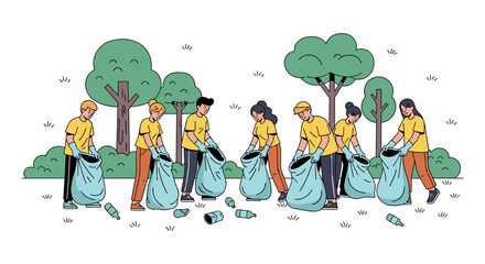 Group of Volunteers Cleaning Up Litter in Park Environment, Collecting Waste, Picking Up Trash, Supporting Community, Environmental Conservation, Sustainability, Ecology, Green Initiative, Earth Day,