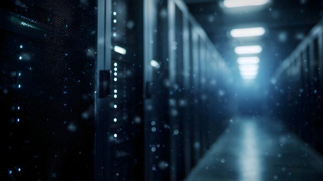 High tech data center corridor with glowing server racks and blinking lights