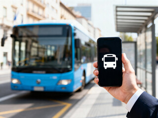 A hand holds a smartphone showing a bus icon while a blue public transit vehicle drives past a city bus stop.