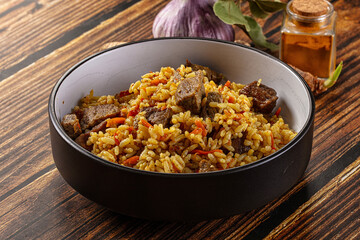 Asian traditional pilaf with beef