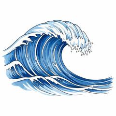 Artistic ocean wave isolated on white, blue and white illustration. Ocean wave is rendered with artistic detail and bright coloration. Consider this ocean wave for conceptual illustrations,