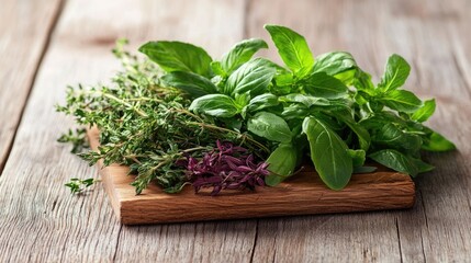 Close up shot of an assortment of freshly picked aromatic herbs like basil thyme and rosemary placed on a rustic wooden board with soft natural shadows in the background