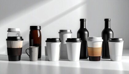 Assorted drink containers—cups, bottles, and mug—cast soft shadows in a sunlit minimalist layout.