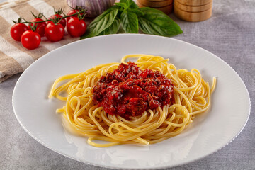 Italian pasta spaghetti bolognese with minced beef meat and tomato sauce