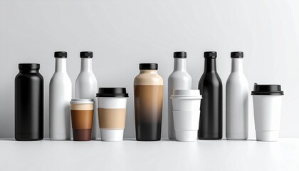 Assorted drink containers—cups, bottles, and mug—cast soft shadows in a sunlit minimalist layout.
