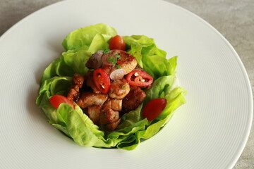 A culinary delight: Chicken dish with lettuce and tomato on a plate