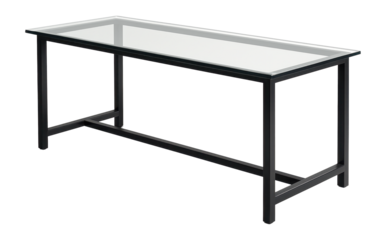 Sleek black metal frame dining table with a tempered glass top for modern lofts.