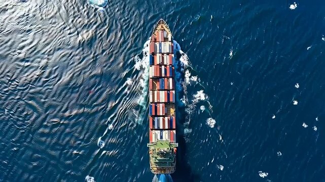 Aerial View of a Container Ship Navigating Through Deep Blue Waters, Showcasing the Shipping Process and Container Transportation Efficiency