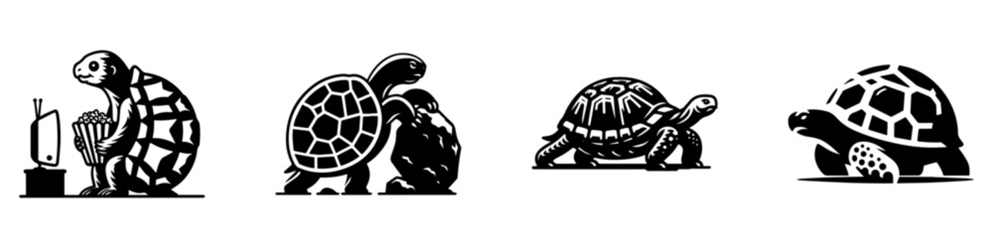 Turtles in a row four different turtle illustrations black and white.