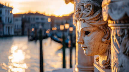 Venetian Mask On Stone Balcony Canal Reflections At Sunset Warm Golden Light Golden Hour Warm