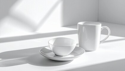 White ceramic cups cast soft shadows in a minimalist scene bathed in natural light.