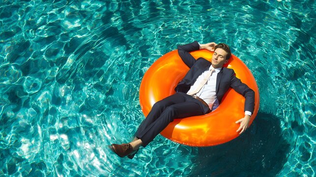 Businessman wearing formal attire relaxes floating on an inflatable ring in turquoise water