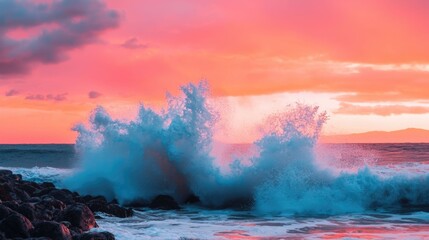 Dramatic crashing waves against a rugged rocky shoreline during a stunning sunset  The powerful ocean surf creates a turbulent and moody seascape with splashing water and foam