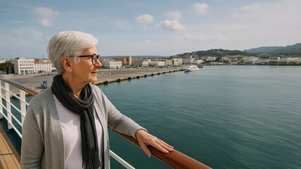 Fototapeta premium Mature woman on a cruise ship deck looking over a peaceful harbor. Travel, leisure and sea vacation with city waterfront in background.