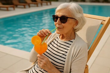 Senior woman relaxing on a pool lounger, sipping orange juice through a straw. Sunglasses and striped shirt, sunny resort vibe with bright blue water.